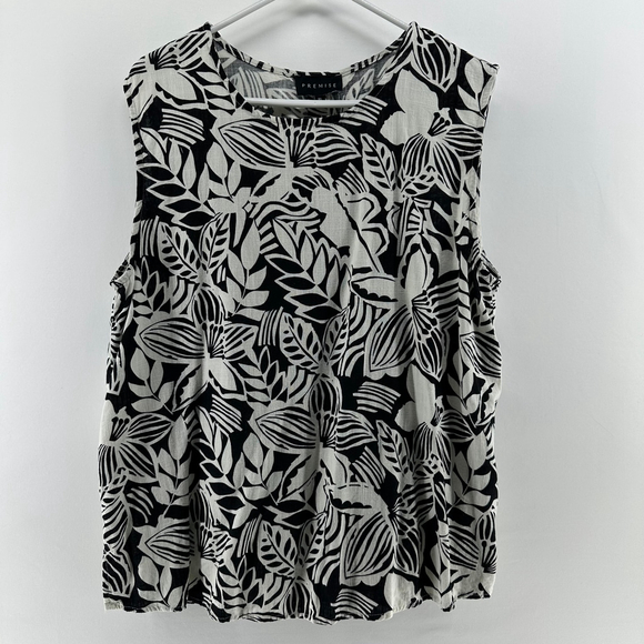 Premise Tops - PREMISE Black & White LINEN Sleeveless BOHO Botanical Tank Top Shirt WOMENS XL